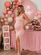 Elegant Bodycon Side Slit Backless Lace-up Baby Shower Maternity Maxi Dress for Maternity