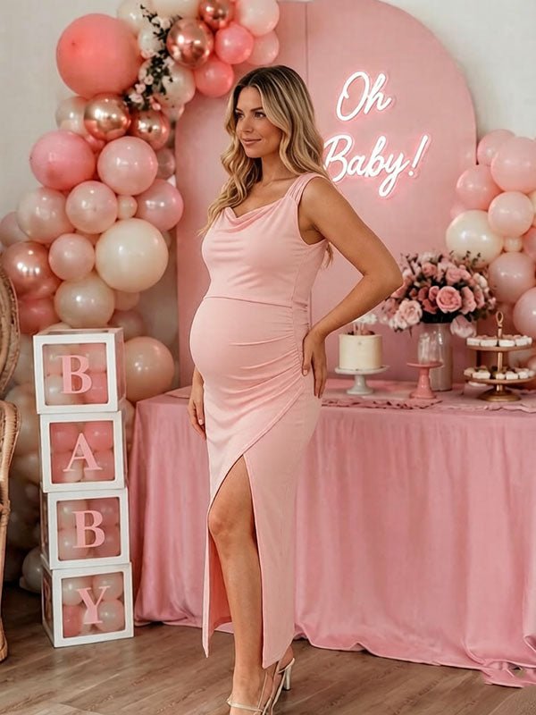 Elegant Bodycon Side Slit Backless Lace-up Baby Shower Maternity Maxi Dress for Maternity