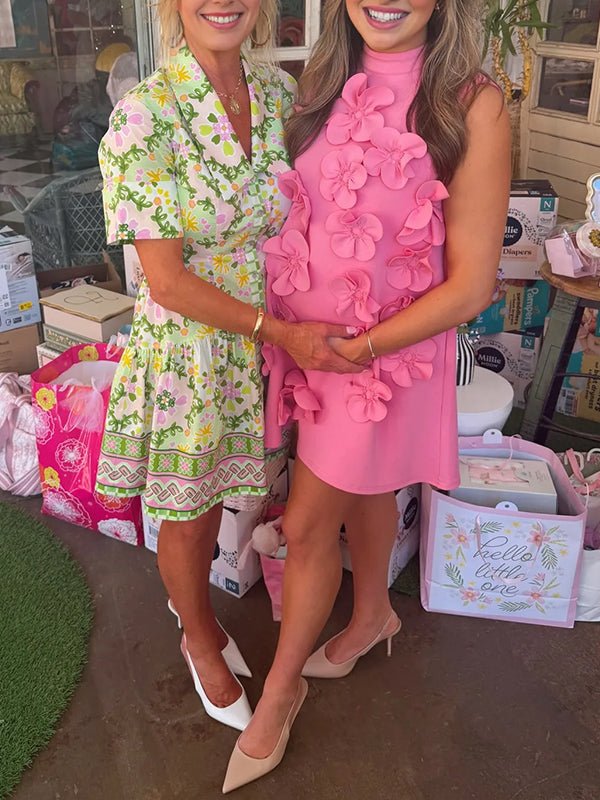 Pink 3d Flowers Sleeveless High Neck Baby Shower Maternity Mini Dress for Maternity