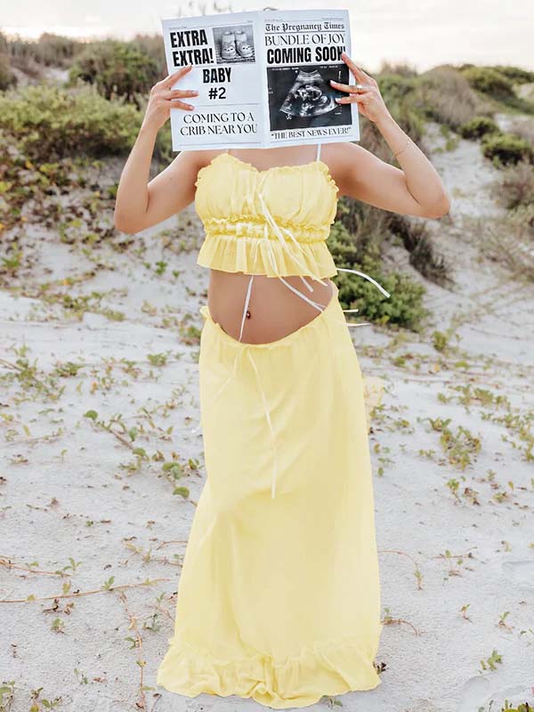 Yellow Ruffle Ruched Lace-up Cami Big Swing Two Piece Set Maternity Maxi Dress for Maternity