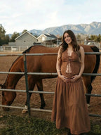 Western Boho 2 Piece Lace Tie-up Ruched Eyelet Embroidery Photoshoot Maternity Maxi Dress for Maternity