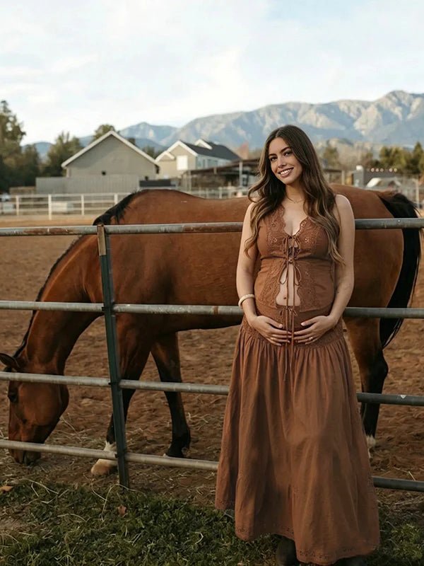 Western Boho 2 Piece Lace Tie-up Ruched Eyelet Embroidery Photoshoot Maternity Maxi Dress for Maternity