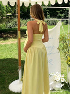 Halter Neck Backless Lace Up Ruffle Baby Shower Maternity Maxi Dress for Maternity