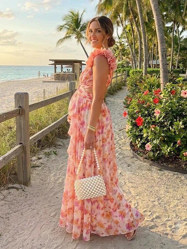 Orange 3d Flower Ruched Ruffle Floral Mesh Lace-up Backless Vacation Photoshot Maternity Maxi Dress for Maternity