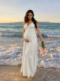 Beach Spaghetti Strap Halter Neck Tie-back Ruched Backless Vacation Photoshoot Maternity Maxi Dress for Maternity