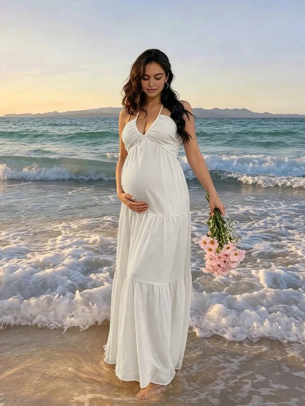 Beach Spaghetti Strap Halter Neck Tie-back Ruched Backless Vacation Photoshoot Maternity Maxi Dress for Maternity