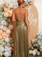 Golden Pleated Side Slit Open Back Baby Shower Maternity Maxi Dress for Maternity