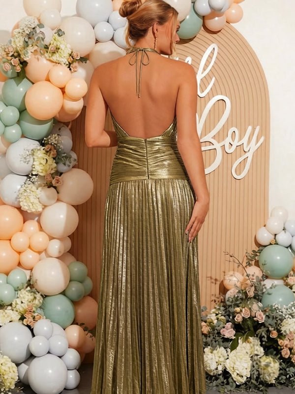 Golden Pleated Side Slit Open Back Baby Shower Maternity Maxi Dress for Maternity