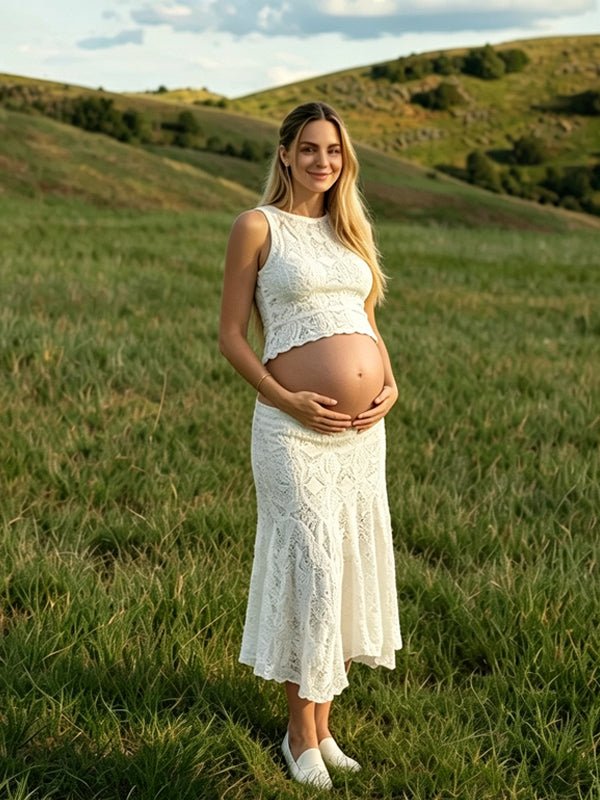 Ivory-white Round Neck Wavy Edge Two Piece Fashion Bodycon Vacation Photoshoot Maternity Midi Dress for Maternity
