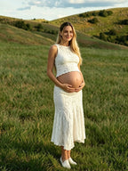 Ivory-white Round Neck Wavy Edge Two Piece Fashion Bodycon Vacation Photoshoot Maternity Midi Dress for Maternity