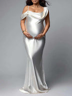 White One Off Shoulder Silk Satin Backless Mermaid Photoshoot Evening Gown Baby Shower Maternity Maxi Dress for Maternity