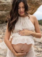 Beige 2 Piece Smocked Ruffle Backless Flowy Elegant Vacation Beach Photoshoot Maternity Maxi Dress for Maternity