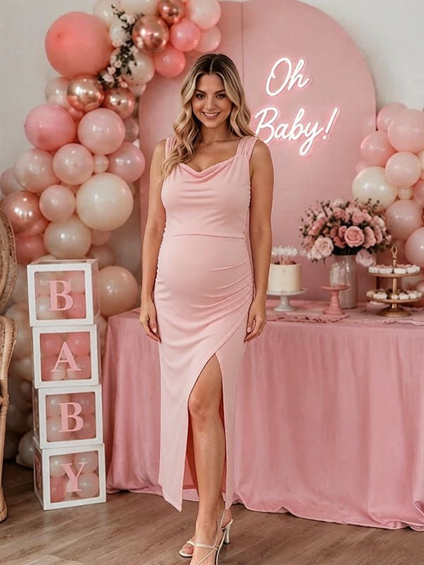 Elegant Bodycon Side Slit Backless Lace-up Baby Shower Maternity Maxi Dress for Maternity