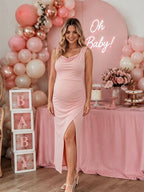 Elegant Bodycon Side Slit Backless Lace-up Baby Shower Maternity Maxi Dress for Maternity
