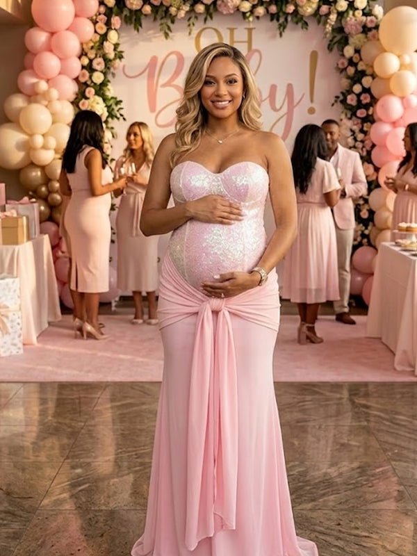 Sequin Bandeau Ruched Knot Draped Bodycon Maternity Maxi Dress for Maternity