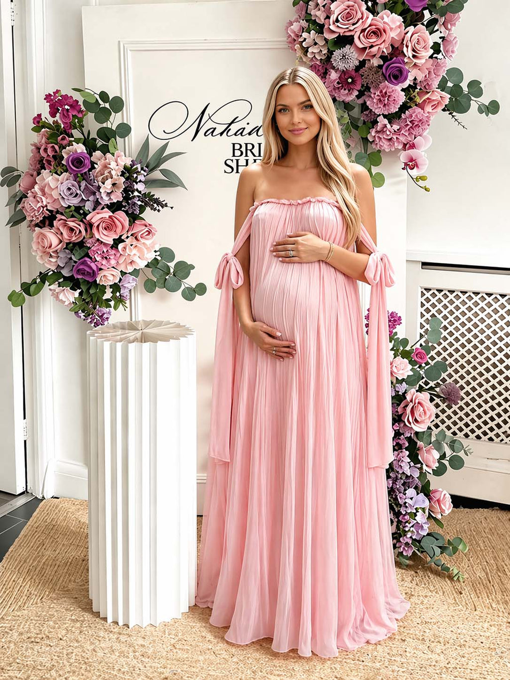 Pink Off Shoulder Lace Up Big Swing Backless Maternity Baby Shower Maxi Dress for Maternity