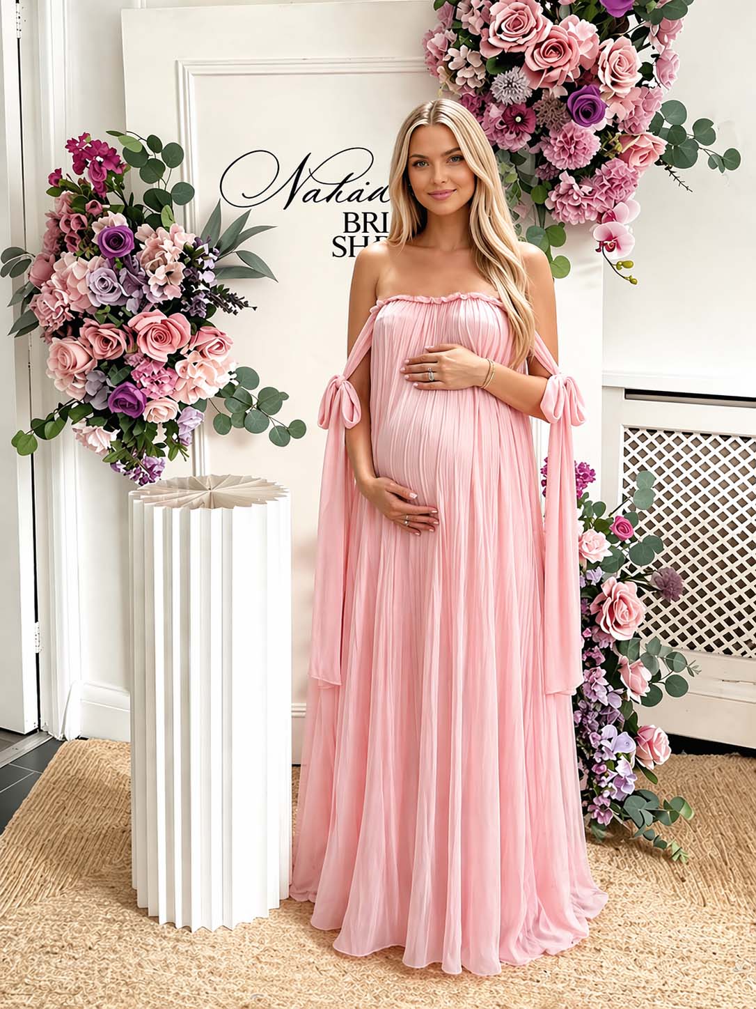 Pink Off Shoulder Lace Up Big Swing Backless Maternity Baby Shower Maxi Dress for Maternity