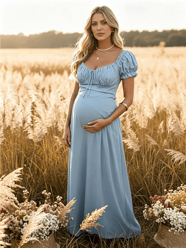 Ruffle Ruched Lace-up Big Swing Boho Western Maternity Maxi Dress for Maternity