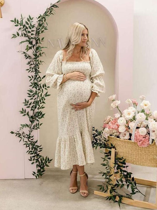 Ruffle Ruched High Waist Puff Sleeve Cute Photoshoot Western Maternity Maxi Dress for Maternity