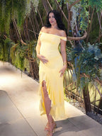 Off Shoulder Ruched Ruffle Falbala Side Slit Elegant Cocktail Gown Maternity Baby Shower Maxi Dress for Maternity