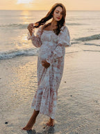 Ruffle Ruched High Waist Puff Sleeve Cute Photoshoot Western Maternity Maxi Dress for Maternity