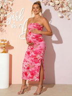 Chic Pink Floral Bandeau Bodycon Side Slit Baby Shower Maternity Maxi Dress for Maternity
