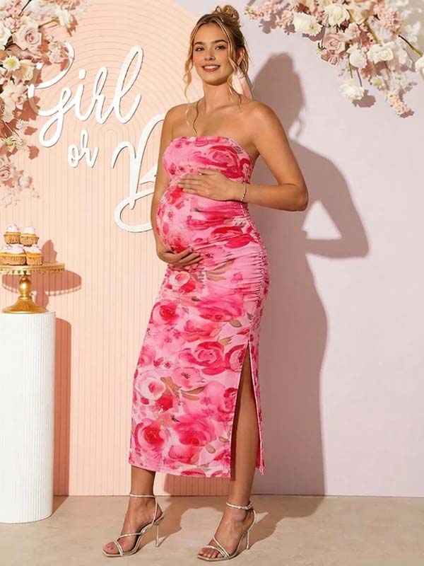 Chic Pink Floral Bandeau Bodycon Side Slit Baby Shower Maternity Maxi Dress for Maternity