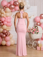 Ruched Bowknot Draped Backless Halter Neck Bodycon Baby Shower Maternity Maxi Dress for Maternity