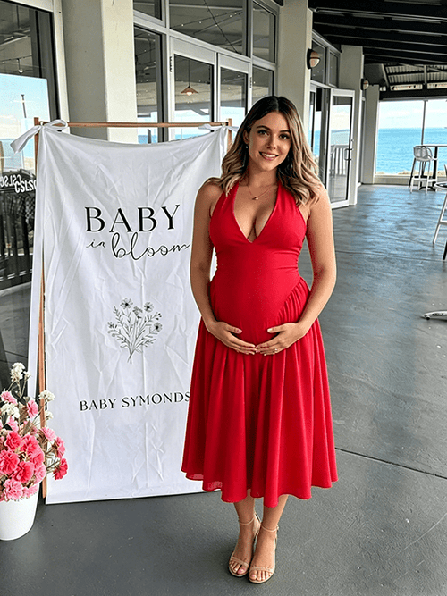 A-line Halter Neck Deep V Elegant Maternity Baby Shower Maxi Dress for Maternity