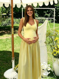 Halter Neck Backless Lace Up Ruffle Baby Shower Maternity Maxi Dress for Maternity