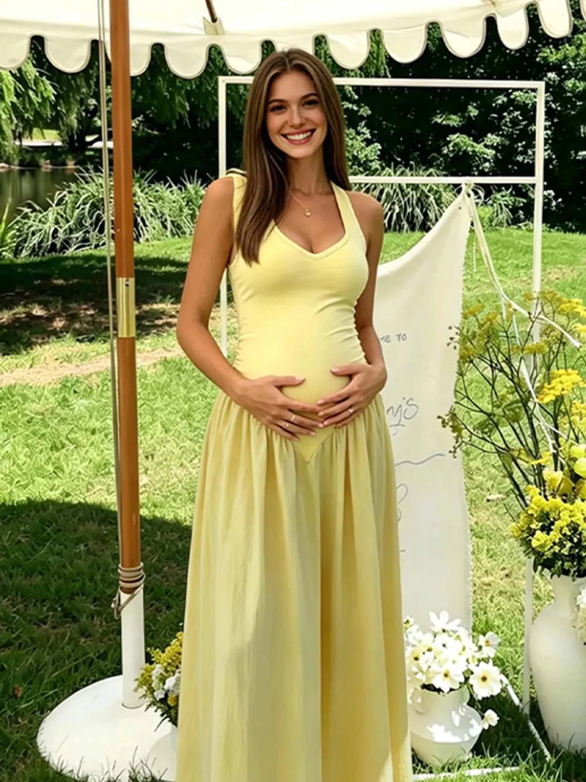 Halter Neck Backless Lace Up Ruffle Baby Shower Maternity Maxi Dress for Maternity
