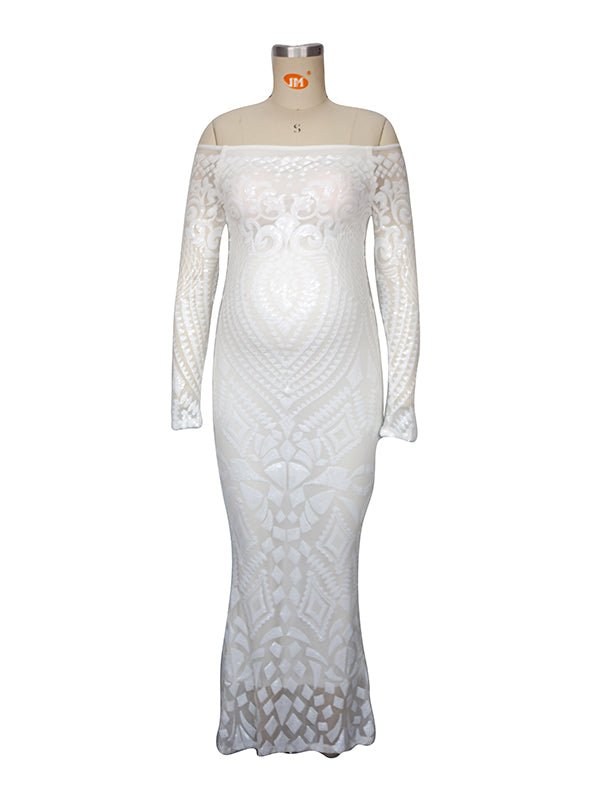 White Lace Sequin Off Shoulder Mermaid Bodycon Wedding Gown Baby Shower Elegant Foamal Maternity Photoshoot Maxi Dress for Maternity
