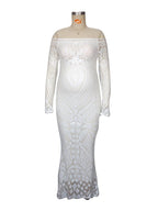 White Lace Sequin Off Shoulder Mermaid Bodycon Wedding Gown Baby Shower Elegant Foamal Maternity Photoshoot Maxi Dress for Maternity