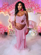 Spaghetti Straps Sheer Two Piece Irregular Tiered With Side Draped Maternity Baby Shower Maxi Dress for Maternity
