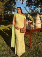 Embroidered One-shoulder Mesh Floral Shoulder Streamer Bodycon Baby Shower Maternity Maxi Dress for Maternity