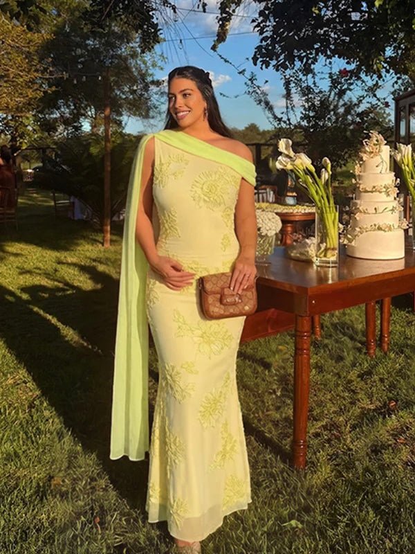 Embroidered One-shoulder Mesh Floral Shoulder Streamer Bodycon Baby Shower Maternity Maxi Dress for Maternity