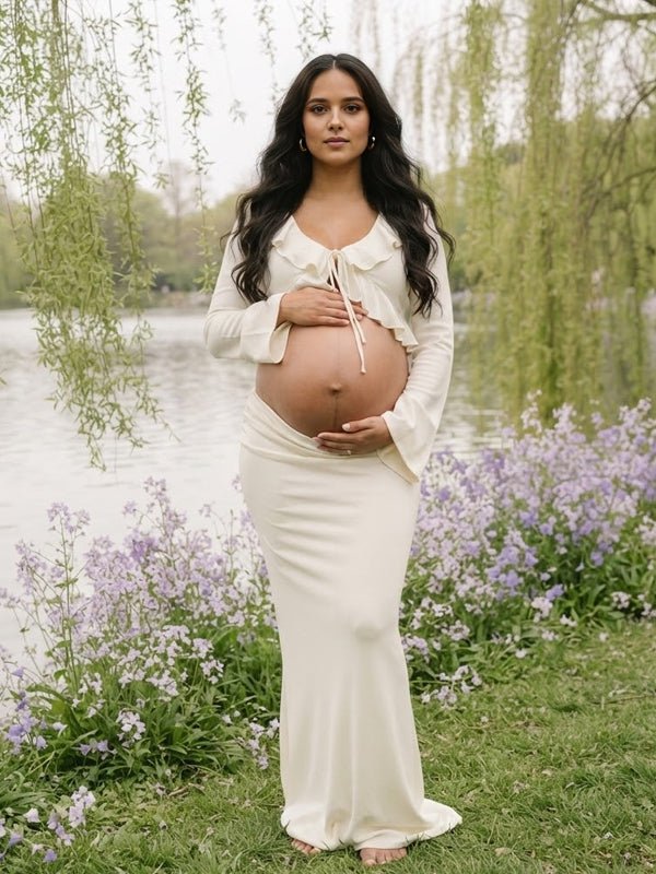 Ruffle Lace Up Two Piece Maternity Photoshoot Maxi Dress for Maternity