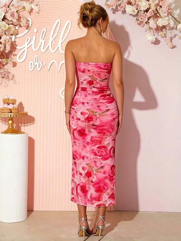 Chic Pink Floral Bandeau Bodycon Side Slit Baby Shower Maternity Maxi Dress for Maternity