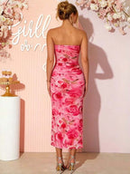 Chic Pink Floral Bandeau Bodycon Side Slit Baby Shower Maternity Maxi Dress for Maternity
