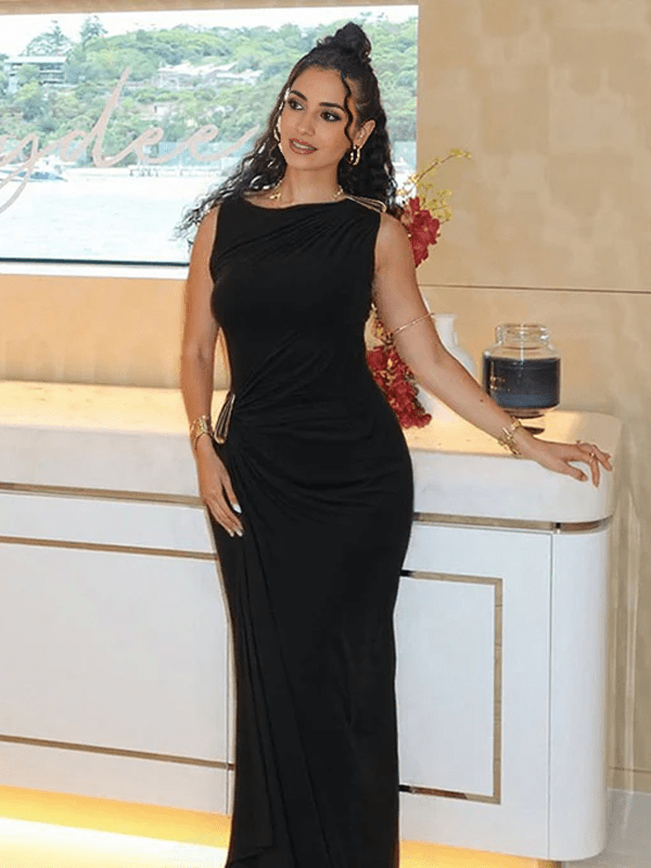 Chic Studded Cascading Ruffle Irregular Side Draped Baby Shower Cocktail Maternity Maxi Dress for Maternity