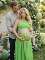 Green Oblique Shoulder Ruched Ribbon Two Piece Maternity Baby Shower Maxi Dress for Maternity