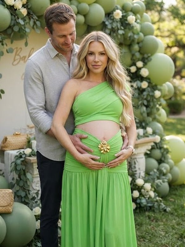 Green Oblique Shoulder Ruched Ribbon Two Piece Maternity Baby Shower Maxi Dress for Maternity