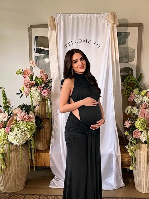 Ruched Bowknot Draped High Neck Backless Bodycon Elegant Maternity Baby Shower Maxi Dress for Maternity