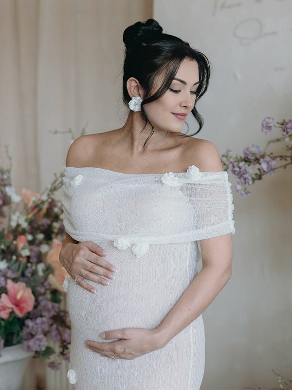 White Off Shoulder 3d Flowers Grenadine Sheer Bodycon Elegant Beach Photoshoot Baby Shower Maternity Maxi Dress for Maternity