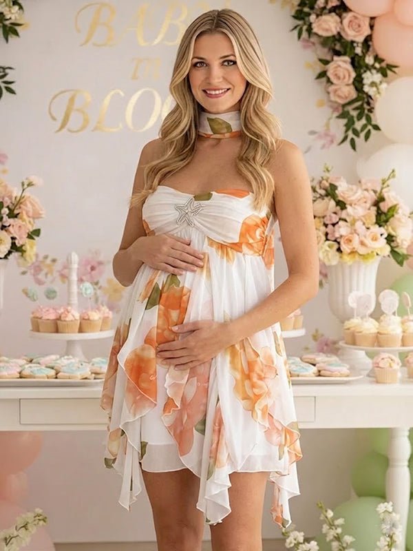 Orange Floral Cascading Ruffle Irregular Backless Stars Vacation Maternity Mini Dress for Maternity