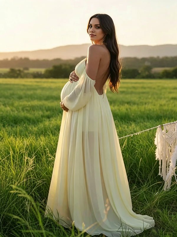 Yellow Mesh Off Shoulder Backless Cami Big Swing Boho Maternity Maxi Dress for Maternity