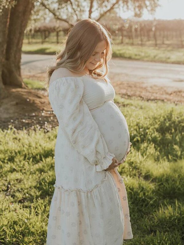 Apricot Daisy Print Smocked Off Shoulder Ruffle Big Swing Elegant Vacation Maternity Photoshoot Baby Shower Party Maxi Dress for Maternity