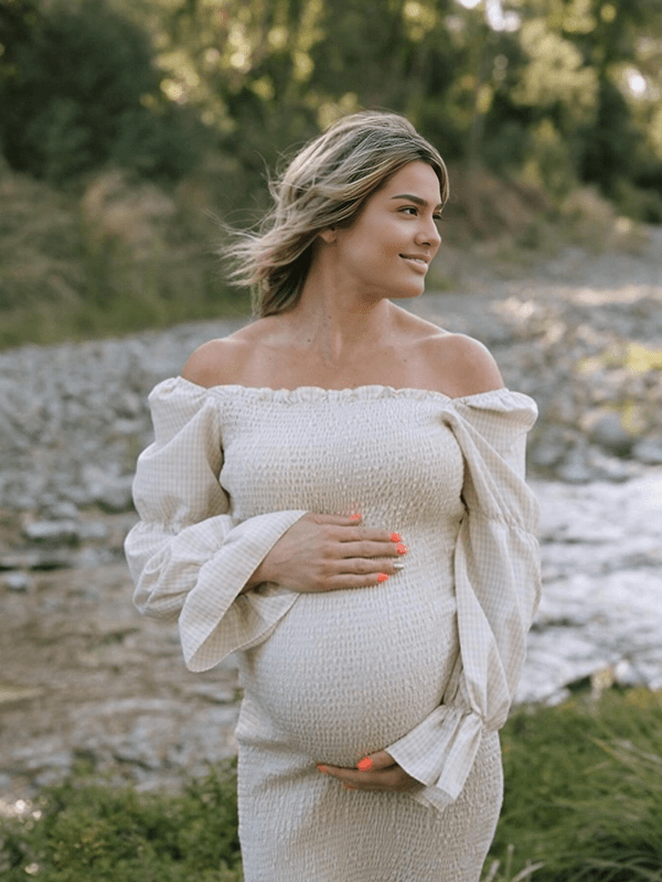 Ruffle Off Shoulder Long Sleeve Bodycon Baby Shower Maternity Midi Dress for Maternity