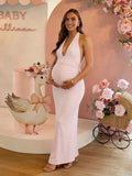 Pink Halter Neck Backless Ruched Tie Back Maternity Baby Shower Maxi Dress for Maternity
