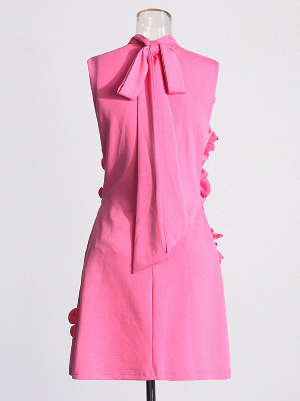 Pink 3d Flowers Sleeveless High Neck Baby Shower Maternity Mini Dress for Maternity